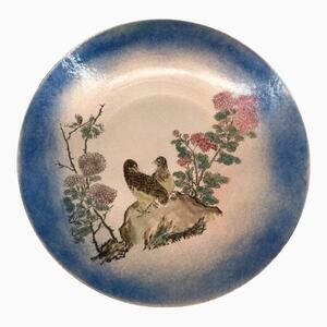 Limoges Floral Love Birds Vintage Hand Painted Enamel Copper Plate, 9.5" Diam